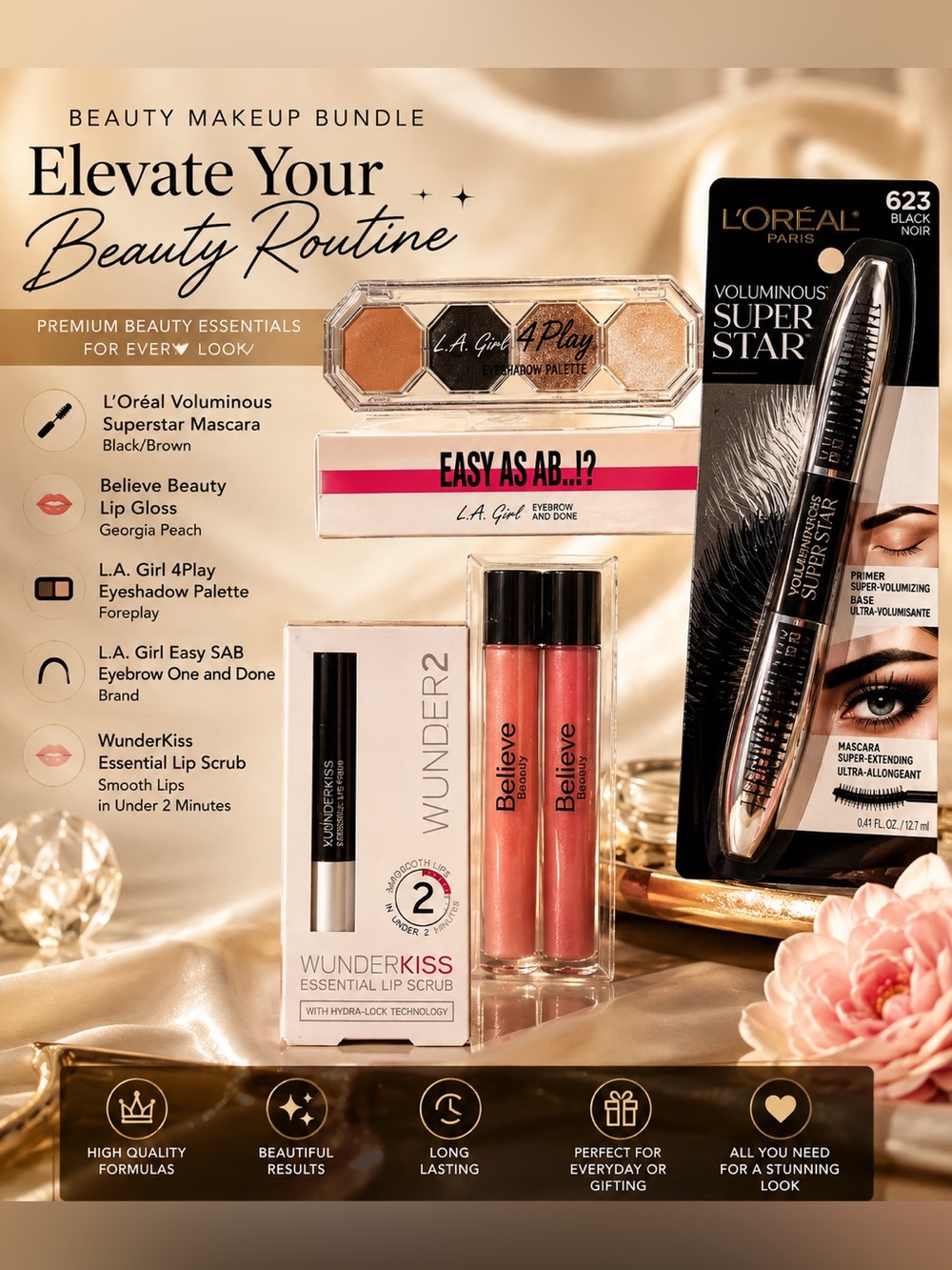 L'Oreal Voluminous Superstar Mascara with Peach/Pink Lip Glosses eyeshadow, brow
